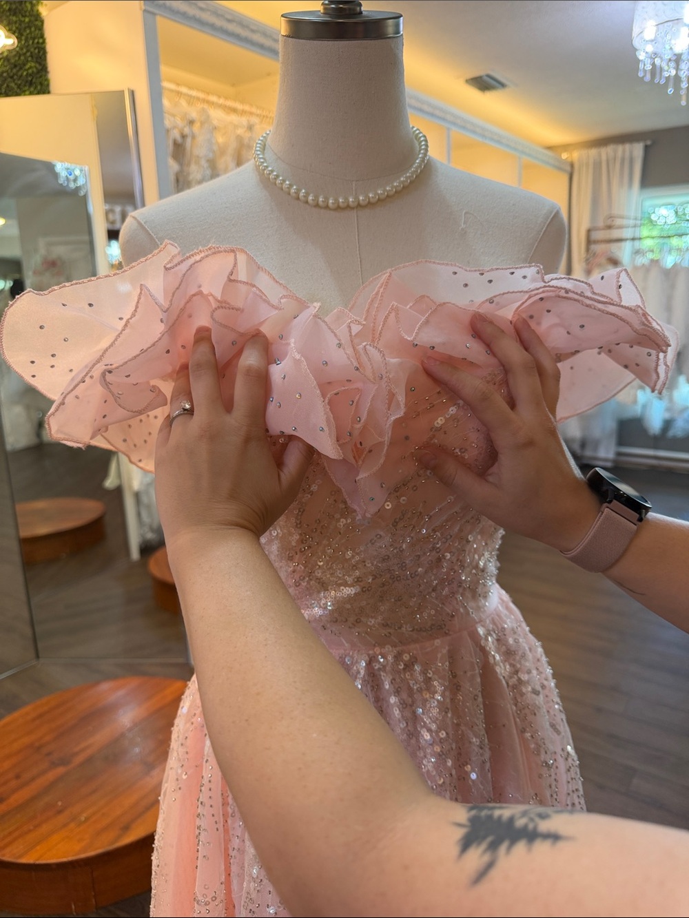 Pink Off-Shoulder Ruffled Sequin Gown